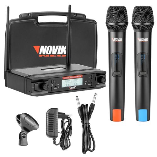 MICROFONE SEM FIO DE MAO DUPLO UHF FREQUENCIA VARIAVEL UNK-660 NOVIK