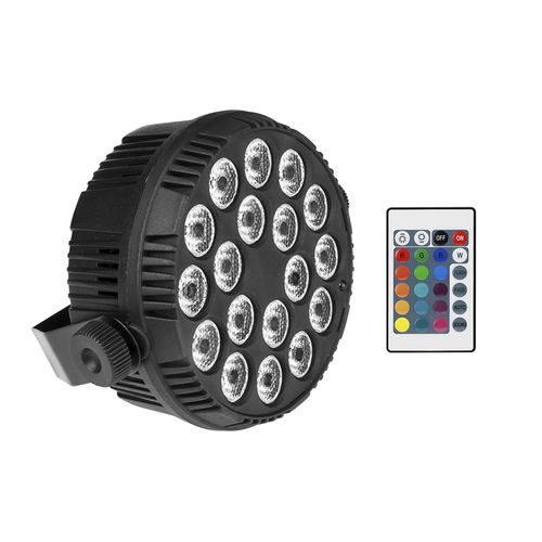 REFLETOR LED PAR 18 LEDS 3W TRI LED RGB COM CONTROLE SEM DMX MINI SLIM PAR LUMINOS