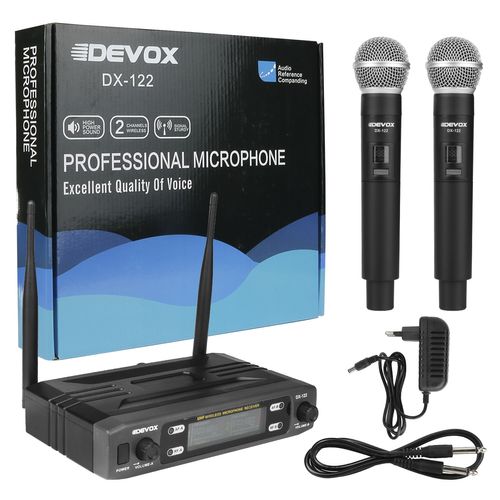 MICROFONE SEM FIO DE MAO DUPLO UHF MULTI FREQUENCIA DX-122M DEVOX