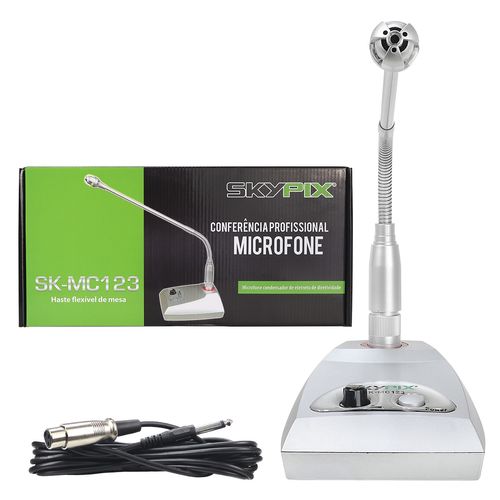 MICROFONE DE MESA COM FIO GOOSENECK 45CM HASTE FLEXIVEL COM CONTROLE DE VOLUME PRATA SK-MC123 SKYPIX