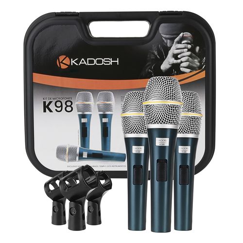 KIT 3 MICROFONES DE FIO E MAO COM MALETA K-98 KADOSH