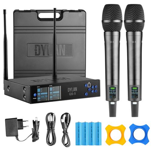 MICROFONE SEM FIO DE MAO DUPLO UHF COM 200 CANAIS FREQUENCIA VARIAVEL QS-5 DYLAN
